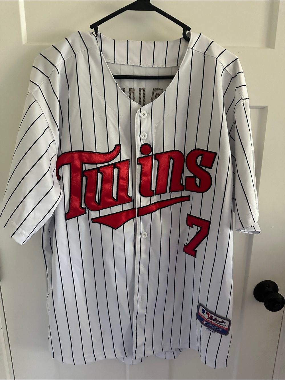 Twins White Pinstripe Baseball Jersey with Red Script